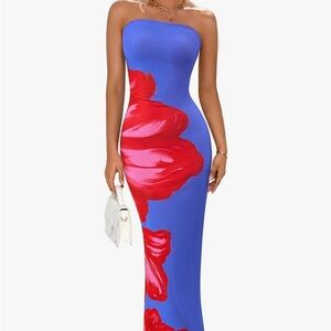 Elegant Blue and Red Strapless Dress